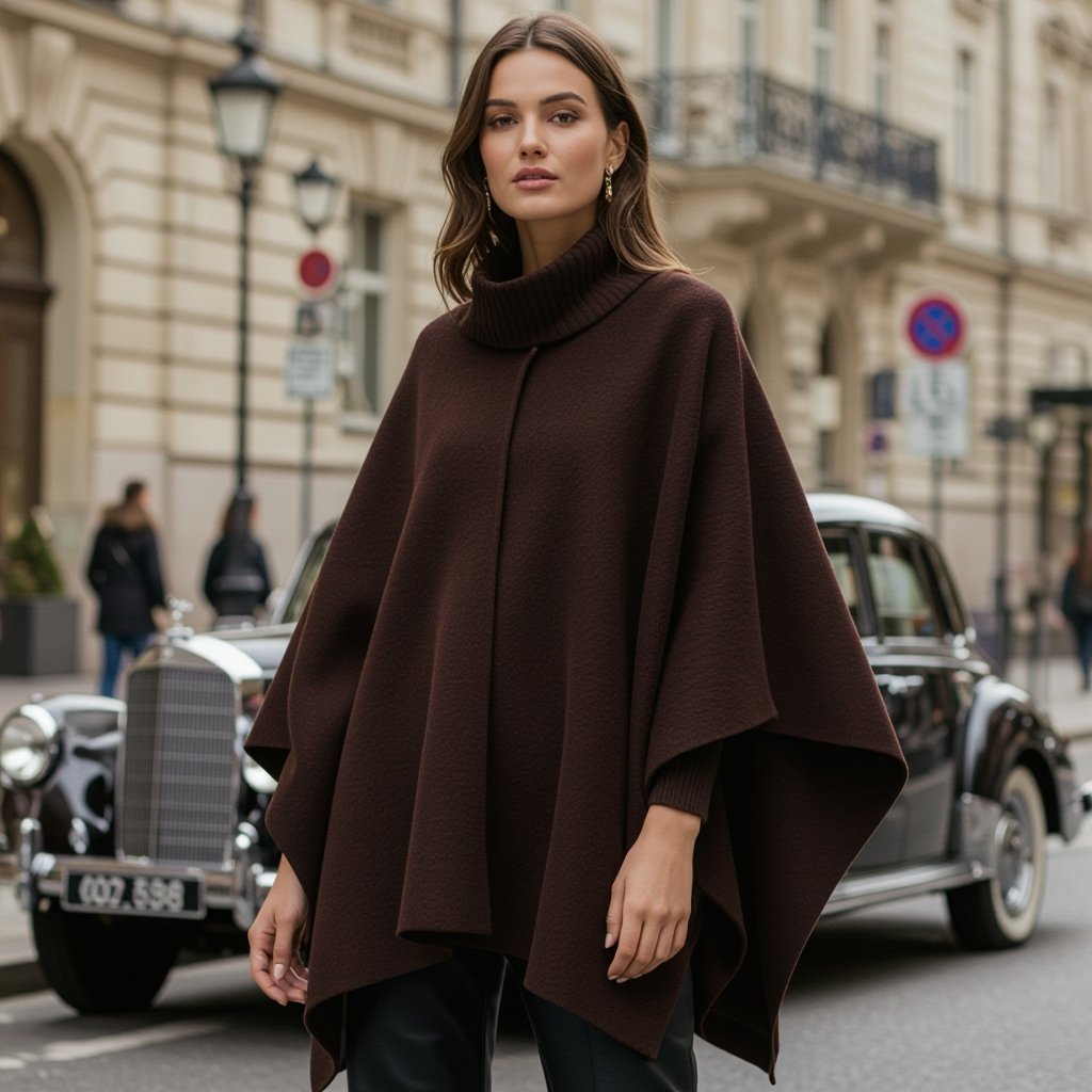یه پانچو باز شکلاتی خاص طراحی کن
Classic fashion: A chocolate open poncho in wool, with a neat cut and simple lines.