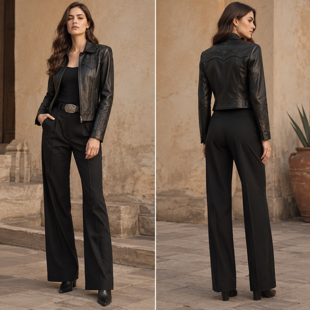 A Female Jacket design, made of Leather, in a Monochrome color palette, suitable for Fall, shown on a model with fair skin and a tall figure. Mexico fashion aesthetics. Present it as professional fashion catalogue photography: the garment is the subject, shown full-length with editorial styling, neutral posing and tasteful, non-suggestive framing.
photorealistic fashion design, A Female Jacket design, made of Leather, in a Monochrome color palette, suitable for Fall, shown on a model with fair skin and a tall figure. Mexico fashion aesthetics. Present it as professional fashion catalogue photography: the garment is the subject, shown full-length with editorial styling, neutral posing and tasteful, non-suggestive framing., just the design no text