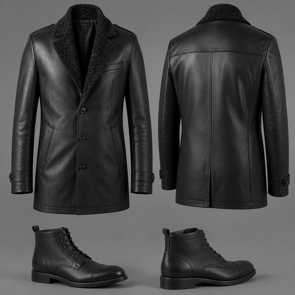 No model mens Leather’s coat lapel with a Persian collar with Persian lamb And leather short boots lace up
photorealistic fashion design, No model mens Leather’s coat lapel with a Persian collar with Persian lamb And leather short boots lace up , leather style, just the design no text, show front and back