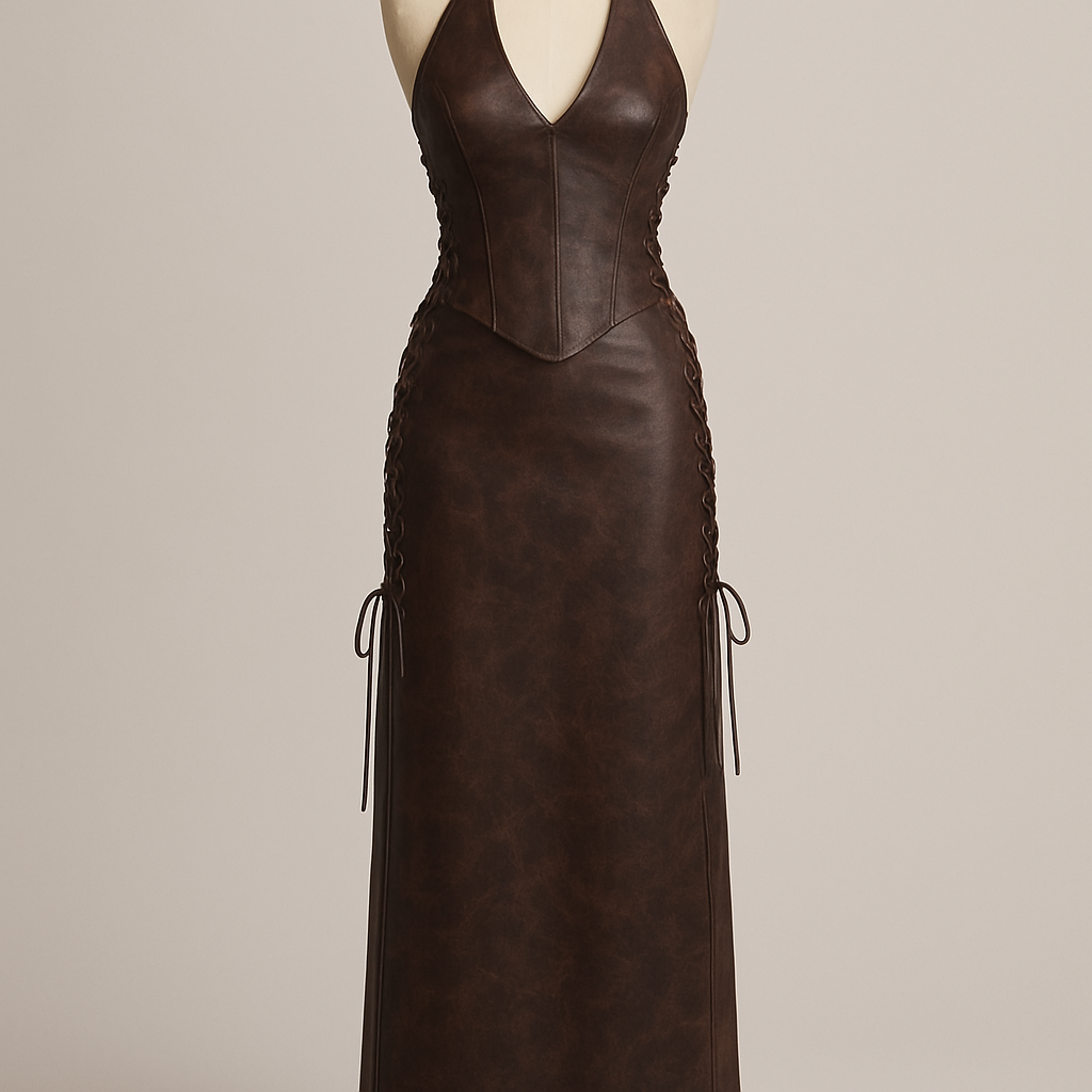 Leather full length maxi skirt dark brown colour with slight marble design
Criss cross laces up each side
Make skirt straight
Add matching corset top with halter neck and dipped curved hem with laces up each side
Remove cup details
Make v neck
Leather full length maxi skirt dark brown colour with slight marble design
Criss cross laces up each side
Make skirt straight
Add matching corset top with halter neck and dipped curved hem with laces up each side
Remove cup details
Make v neck