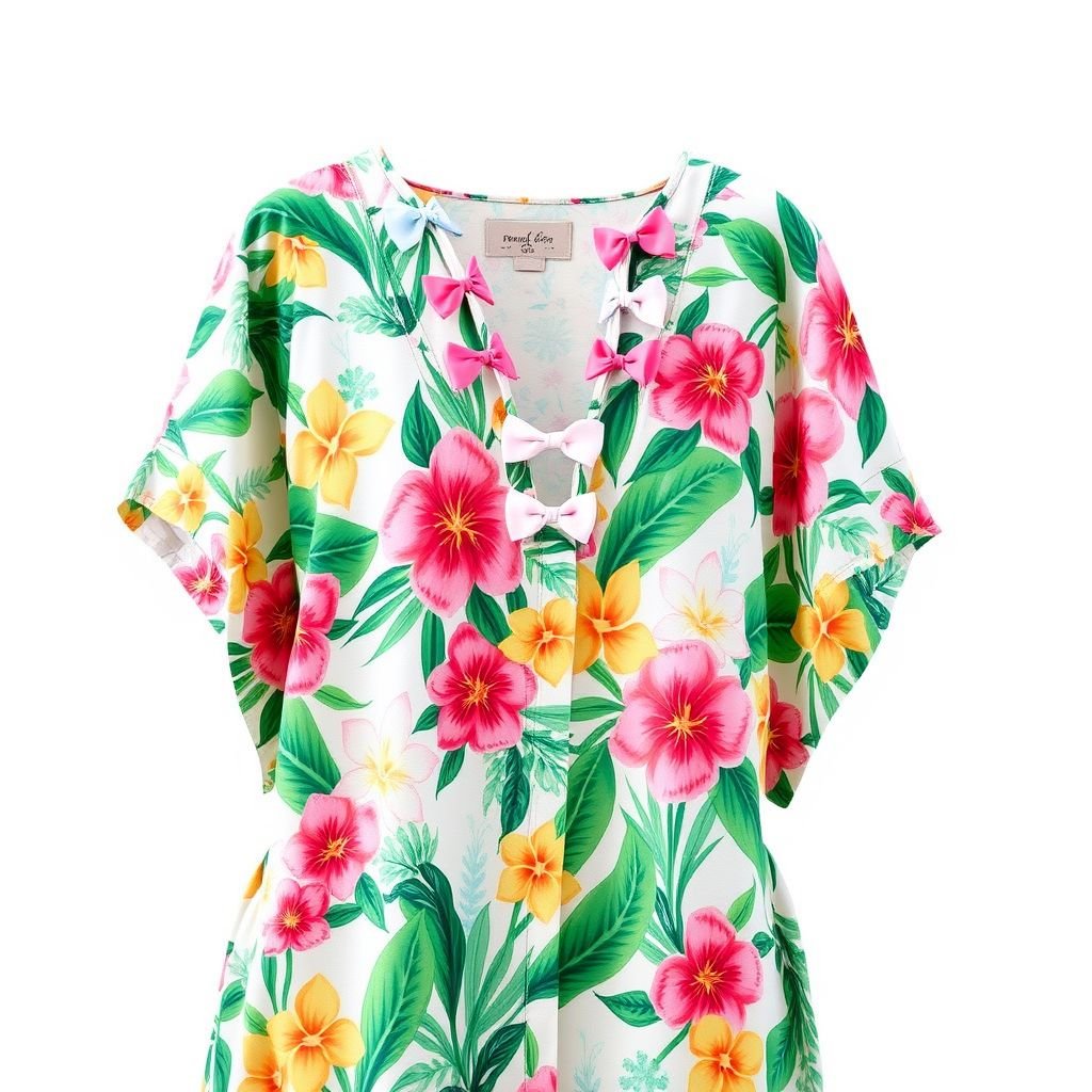 Cotton printed kaftan with lots Mini bows
Design a vibrant cotton printed kaftan featuring whimsical patterns of tropical flora. Adorned with an array of playful mini bows along the neckline and sleeves, each bow showcases a different pastel hue. The flowing silhouette emphasizes comfort while exuding bohemian charm, perfect for beachside strolls or summer gatherings.