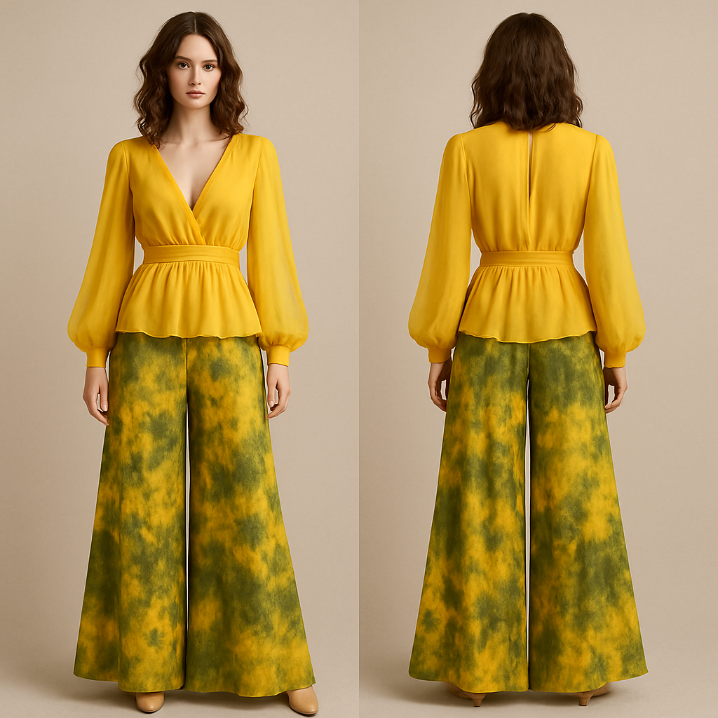 Create one of a kind yellow and olive green palazzo pant made from beautiful tie & dye fabric with a beautiful yellow chiffon top designed for high end fashionista that will make it look sophisticated and gorgeous on a mannequin with a face

Create one of a kind yellow and olive green palazzo pant made from beautiful tie & dye fabric with a beautiful yellow chiffon top designed for high end fashionista that will make it look sophisticated and gorgeous on a mannequin with a face, bohemian style, show front and back