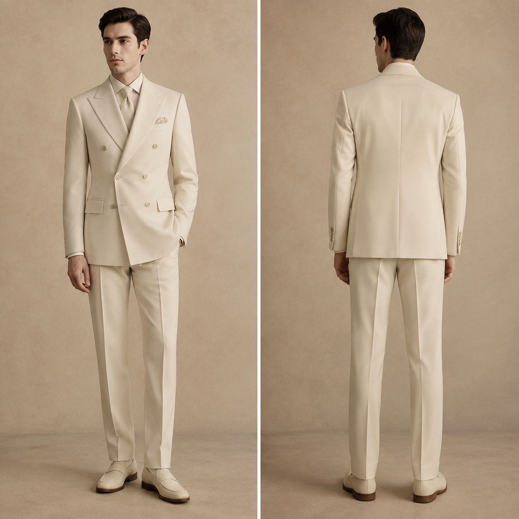 A Male Coat design, with a Tailored silhouette, styled in layers, in a Neutrals color palette, for Wedding, in Minimalist style, shown on a model with fair skin and a slim figure. make me double breasted suit for wedding with same color of top and bottom to make an illusion of looking tall. India fashion aesthetics. Present it as professional fashion catalogue photography: the garment is the subject, shown full-length with editorial styling, neutral posing and tasteful, non-suggestive framing.
photorealistic fashion design, A Male Coat design, with a Tailored silhouette, styled in layers, in a Neutrals color palette, for Wedding, in Minimalist style, shown on a model with fair skin and a slim figure. make me double breasted suit for wedding with same color of top and bottom to make an illusion of looking tall. India fashion aesthetics. Present it as professional fashion catalogue photography: the garment is the subject, shown full-length with editorial styling, neutral posing and tasteful, non-suggestive framing., minimalist style, just the design no text, show front and back