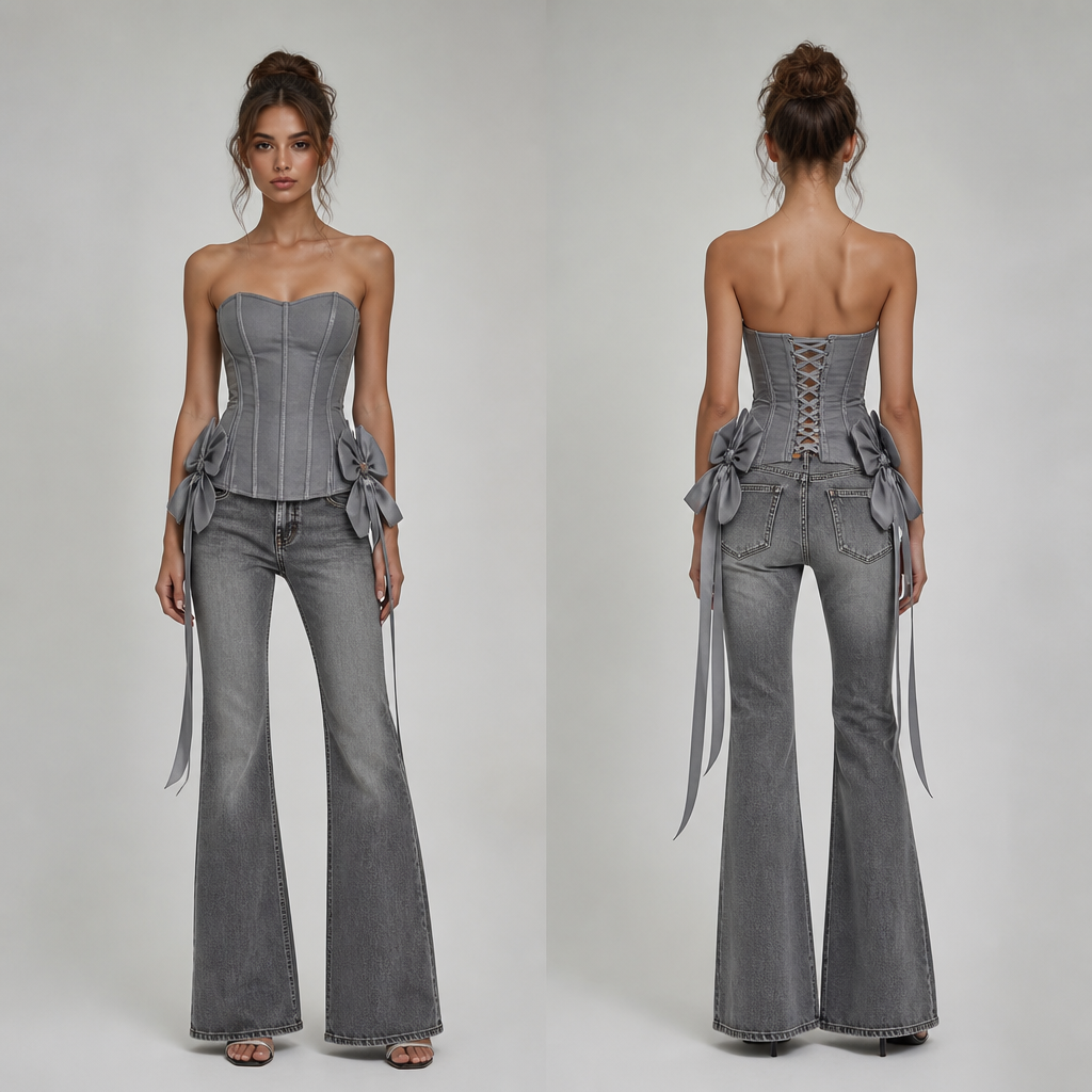 A Female Dress design, for Party, suitable for Summer, in Y2K + Business + Handmade style. хочу корсет по бокам банты джинсы серые клёш. Russia fashion aesthetics.
photorealistic fashion design, A Female Dress design, for Party, suitable for Summer, in Y2K + Business + Handmade style. хочу корсет по бокам банты джинсы серые клёш. Russia fashion aesthetics., y2k style, just the design no text, show front and back