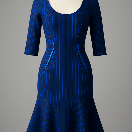 Thin electric blue Pin Stripped on navy midi dress with trumpet skirt and 3/4 sleeve. Raglan sleeve with deep scoop neck princess seamed blue zippers