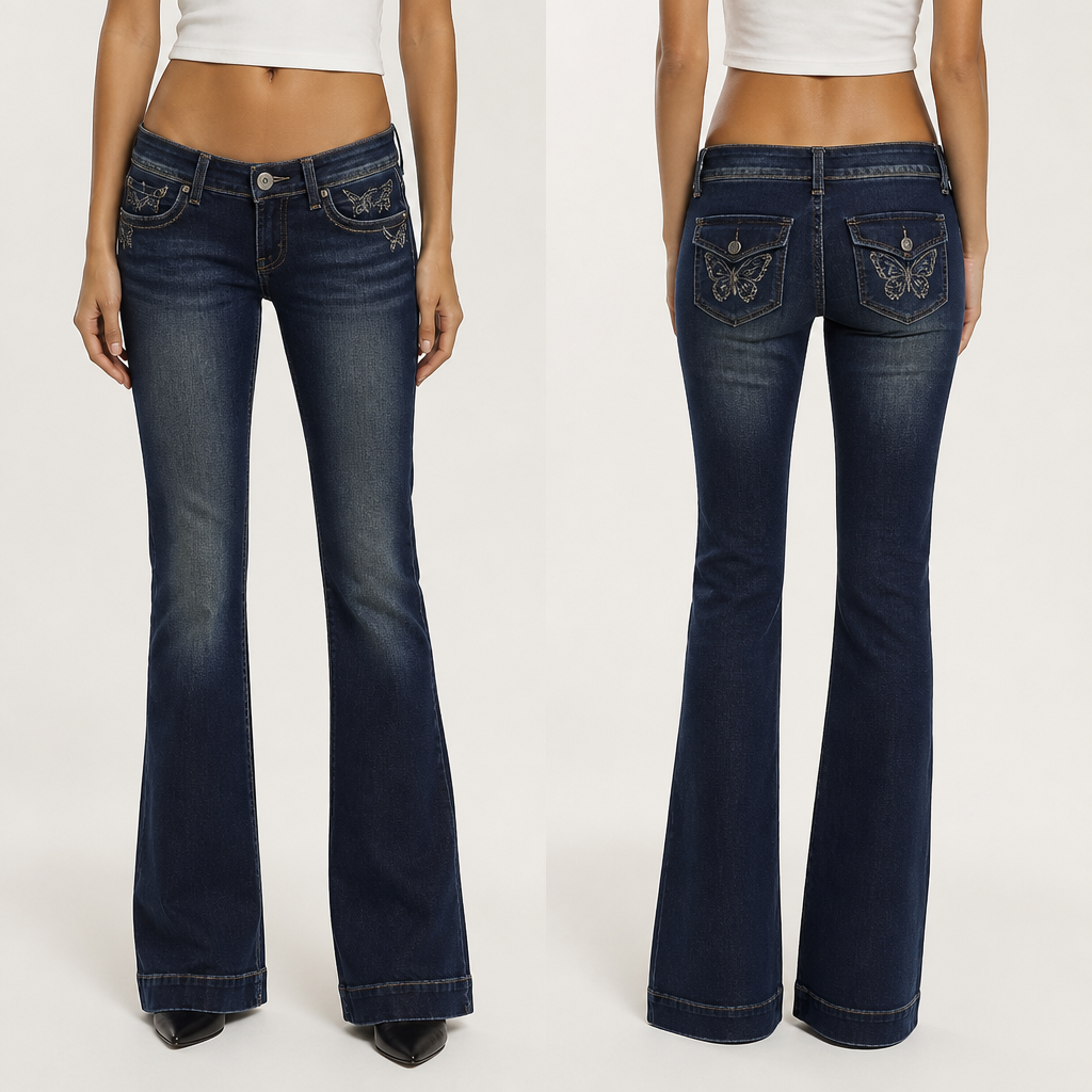 A Female Pants design. pantalon taille basse avec des poches arrière très 2000’s avec des petits papillons. Boot cut. bleu marine un peu délaver sur le dessus des cuisses des bordure papillon sur les poches de devant. un ourlet en bas des jambes. France fashion aesthetics. Present it as professional fashion catalogue photography: the garment is the subject, shown full-length with editorial styling, neutral posing and tasteful, non-suggestive framing.
photorealistic fashion design, A Female Pants design. pantalon taille basse avec des poches arrière très 2000’s avec des petits papillons. Boot cut. bleu marine un peu délaver sur le dessus des cuisses des bordure papillon sur les poches de devant. un ourlet en bas des jambes. France fashion aesthetics. Present it as professional fashion catalogue photography: the garment is the subject, shown full-length with editorial styling, neutral posing and tasteful, non-suggestive framing., just the design no text, show front and back
