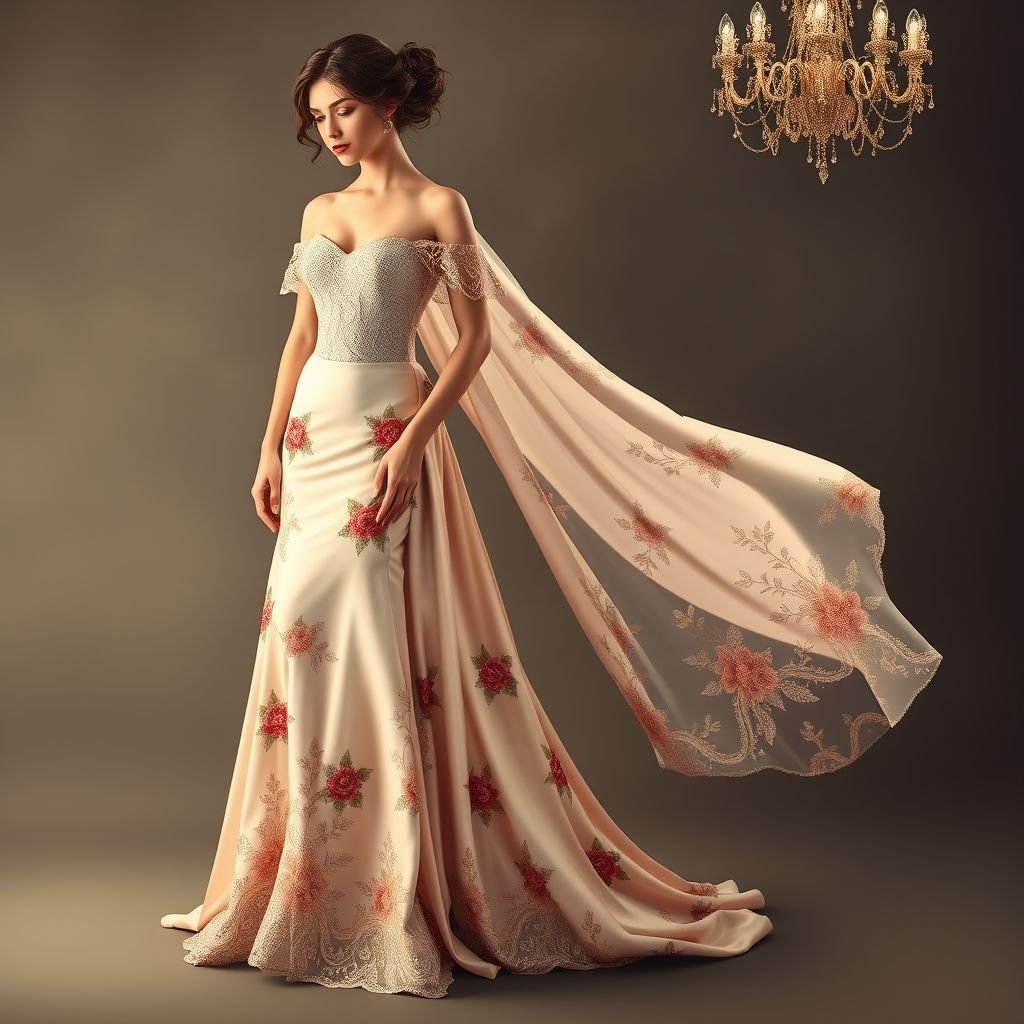 Create an off shoulder gown with cape
Design an enchanting off-shoulder vintage gown, inspired by 1920s glamour. The gown features delicate lace detailing and a flowing satin silhouette, adorned with vintage floral prints. A cascading cape, embellished with intricate beading, trails elegantly behind, evoking the romantic allure of classic Hollywood. Perfect for a timeless evening soirée.