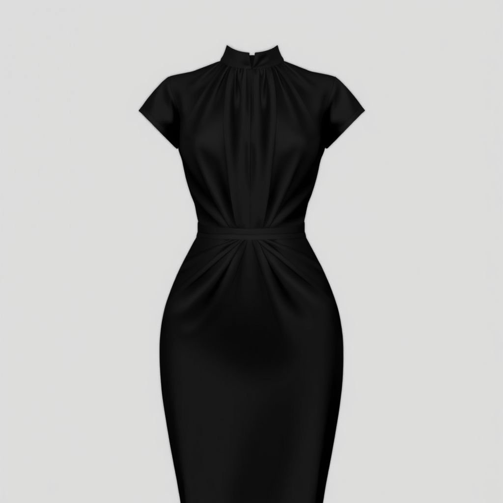 Your dress is a black, form-fitting tank top with a high neckline. It features a single vertical seam down the middle with gathering along the seam, creating a subtle pleated effect. The dress hugs the body, accentuating the shape, and the high neckline adds a sleek, elegant touch. The design also highlights larger busts, providing a flattering and balanced silhouette.
Imagine an elegant black dress, form-fitting with a high neckline, perfect for a sophisticated evening. A single vertical seam runs down the center, gracefully gathering fabric into soft, delicate pleats that enhance the silhouette. Crafted from luxurious satin, the dress offers a gentle shimmer, while the structured bodice flatters curves, exuding timeless elegance.