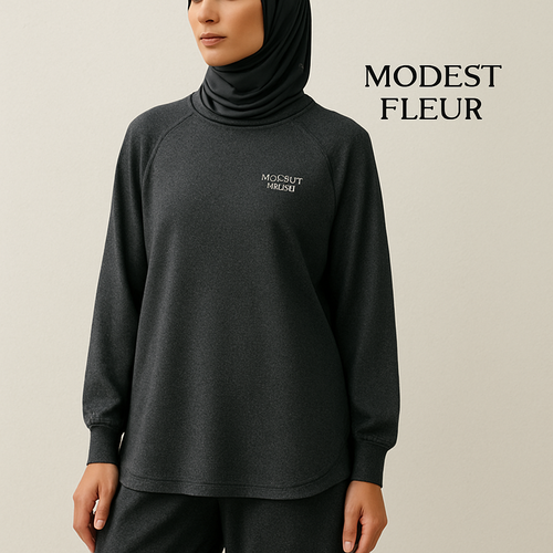 Create a revolutionary women's modest loose gym wear brand called "Modest Fleur". Display the brand name on the in a unique design on the upper right side, in small thick writing that exudes a classy and sophisticated vibe. I'd like four designs, each showcasing different styles and fabrics, with high-end, chic designs to make them truly special. Making it first design in the world 