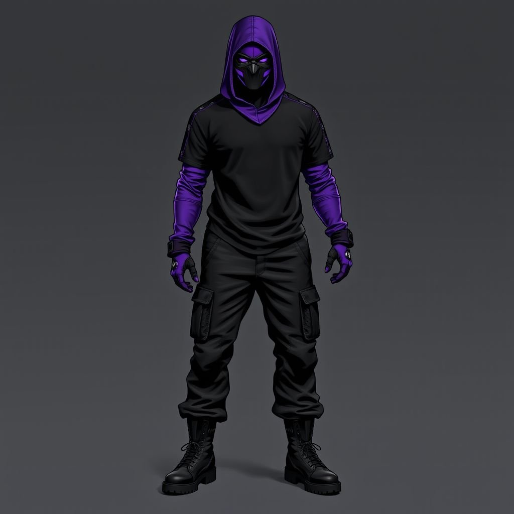 Purple and black mask. Black t shirt with purple sleeves. Black Cargo trousers. Black and purple gloves. Black boots.
Design a bold military-inspired outfit featuring a sleek black t-shirt with striking purple sleeves that incorporate tactical patches. Pair it with rugged black cargo trousers, accentuated by purple stitching and utilitarian pockets. Complete the look with combat black boots, purple gloves, and a dramatic purple and black mask for a fierce statement.