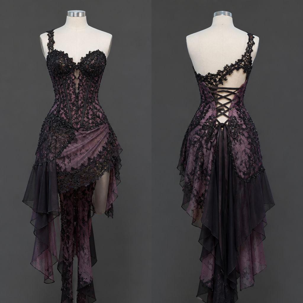 Eclectic club dress with beaded lace , asymmetrical lace back corset
photorealistic fashion design, Eclectic club dress with beaded lace , asymmetrical lace back corset
, formal style, just the design no text, show front and back