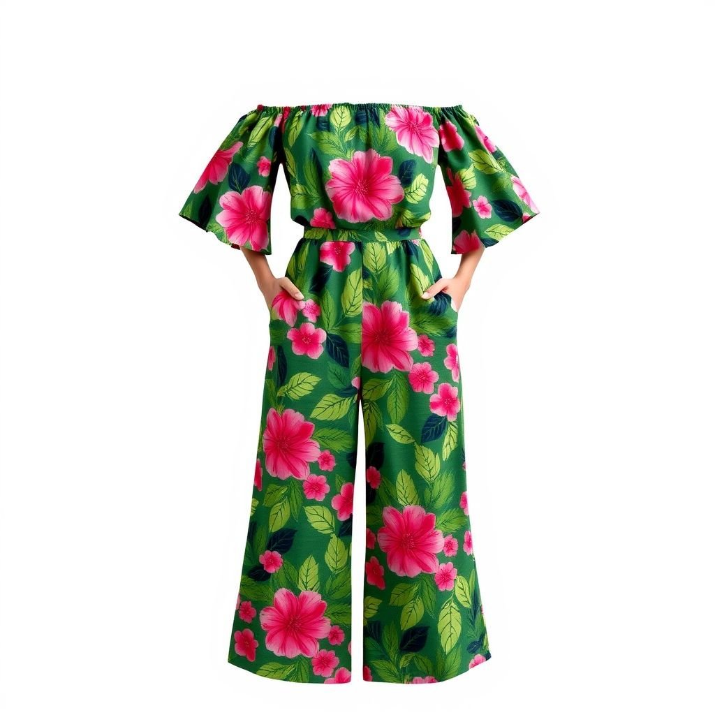 One piece from floral animal design fabric
Design an enchanting one-piece jumpsuit crafted from a whimsical floral animal print fabric, featuring vibrant colors of deep greens and bright pinks. The silhouette is fitted at the waist and flares into wide leg trousers, complemented by off-shoulder ruffled sleeves. Adorned with oversized pockets, it exudes effortless bohemian charm.