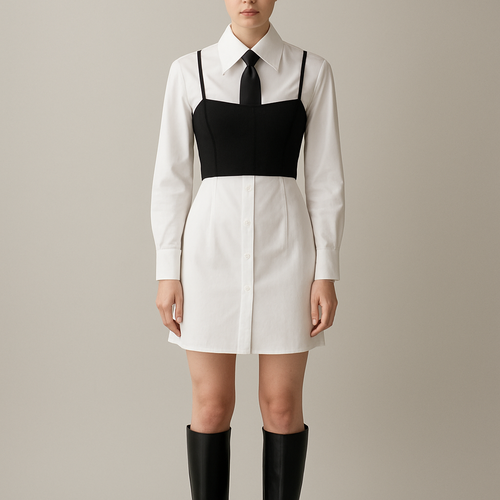 Can you do a white fitted shirt dress with a large collar, with a black slightly crop corset top with thin straps over it, and a black tie with knee high boots