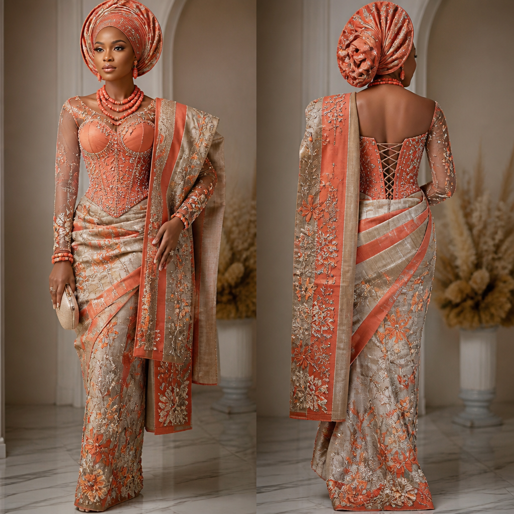 Create a luxurious Nigerian traditional wedding bridal outfit featuring coral beads, handwoven George fabric, elaborate embroidery, a sculpted corset blouse, dramatic wrapper, richly embellished ipele, magnificent gele, and elegant jewelry. Blend traditional heritage with modern couture craftsmanship. Photorealistic fashion illustration on a Black female model.
photorealistic fashion design, Create a luxurious Nigerian traditional wedding bridal outfit featuring coral beads, handwoven George fabric, elaborate embroidery, a sculpted corset blouse, dramatic wrapper, richly embellished ipele, magnificent gele, and elegant jewelry. Blend traditional heritage with modern couture craftsmanship. Photorealistic fashion illustration on a Black female model., just the design no text, show front and back