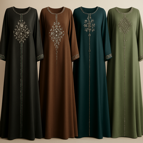 Create me modest boubou that's first in the world, using unique stone design, classy and sophisticated. Keep me 4 designs. Make them rich by adding minimal stone embroidery and stones designs.