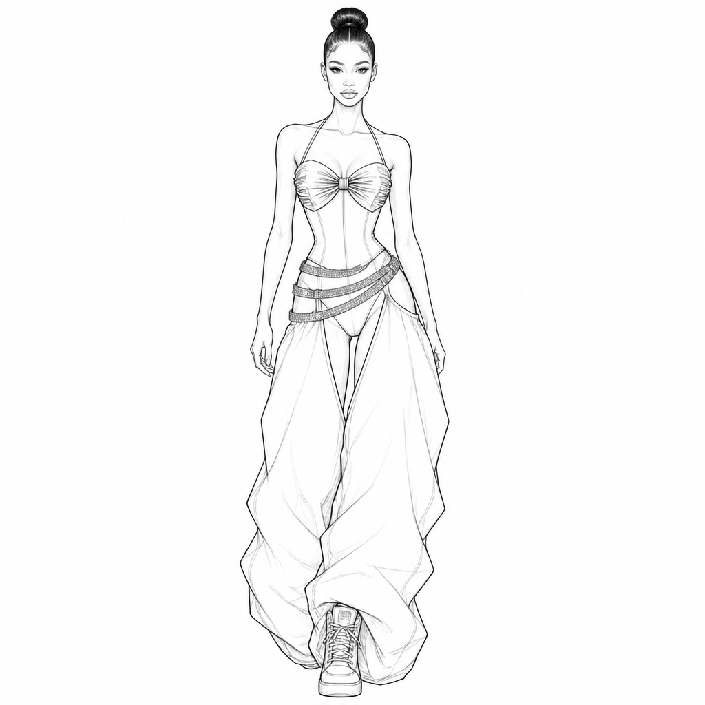 A Female fashion design. FASHION DESIGN NOTE
Female fashion croquis in a runway walking pose with an exaggerated hourglass silhouette, tiny waist, long legs, and a sleek high bun hairstyle.
TOP:
A fitted halter-neck corset top. Two thin straps rise from the outer bust and connect behind the neck. The bust is formed by a large symmetrical bow made from gathered fabric. The bow has a tight center knot with visible pleating radiating outward on both sides. The neckline creates a soft sweetheart shape. The bodice is skin-tight and heavily waist-cinching, ending just above the hips.
WAIST DETAIL:
Three separate crystal-studded belts wrap diagonally around the low hip area. The belts overlap each other, creating an asymmetrical layered sash effect. Each belt is fully covered in small rhinestone embellishments.
BOTTOM:
The base is a high-cut fitted bodysuit. Attached beneath the crystal hip belts are extremely oversized baggy trousers. The legs are very wide, dramatic, and voluminous, creating a baggy pant vibes. it starts from the waist
FOOTWEAR:
High-top lace-up sneakers with a rounded toe and slightly chunky sole. The sneakers are visible beneath the open-front trousers.
AESTHETIC:
Luxury streetwear, Y2K glamour, runway couture, feminine but edgy, rebellious baddie fashion, sporty-meets-glamorous styling. Clean fashion illustration, black line art, professional fashion sketch, white background, minimal shading, highly detailed garment construction.
IMPORTANT:
Keep the bow exactly centered on the bust, keep the three rhinestone belts overlapping diagonally on the hips, keep the trousers extremely baggy and floor-length, and keep the high-top sneakers visible. Maintain the exact proportions and silhouette of a professional fashion croquis.. Nigeria fashion aesthetics. Design with modest coverage.
photorealistic fashion design, A Female fashion design. FASHION DESIGN NOTE
Female fashion croquis in a runway walking pose with an exaggerated hourglass silhouette, tiny waist, long legs, and a sleek high bun hairstyle.
TOP:
A fitted halter-neck corset top. Two thin straps rise from the outer bust and connect behind the neck. The bust is formed by a large symmetrical bow made from gathered fabric. The bow has a tight center knot with visible pleating radiating outward on both sides. The neckline creates a soft sweetheart shape. The bodice is skin-tight and heavily waist-cinching, ending just above the hips.
WAIST DETAIL:
Three separate crystal-studded belts wrap diagonally around the low hip area. The belts overlap each other, creating an asymmetrical layered sash effect. Each belt is fully covered in small rhinestone embellishments.
BOTTOM:
The base is a high-cut fitted bodysuit. Attached beneath the crystal hip belts are extremely oversized baggy trousers. The legs are very wide, dramatic, and voluminous, creating a baggy pant vibes. it starts from the waist
FOOTWEAR:
High-top lace-up sneakers with a rounded toe and slightly chunky sole. The sneakers are visible beneath the open-front trousers.
AESTHETIC:
Luxury streetwear, Y2K glamour, runway couture, feminine but edgy, rebellious baddie fashion, sporty-meets-glamorous styling. Clean fashion illustration, black line art, professional fashion sketch, white background, minimal shading, highly detailed garment construction.
IMPORTANT:
Keep the bow exactly centered on the bust, keep the three rhinestone belts overlapping diagonally on the hips, keep the trousers extremely baggy and floor-length, and keep the high-top sneakers visible. Maintain the exact proportions and silhouette of a professional fashion croquis.. Nigeria fashion aesthetics. Design with modest coverage., just the design no text