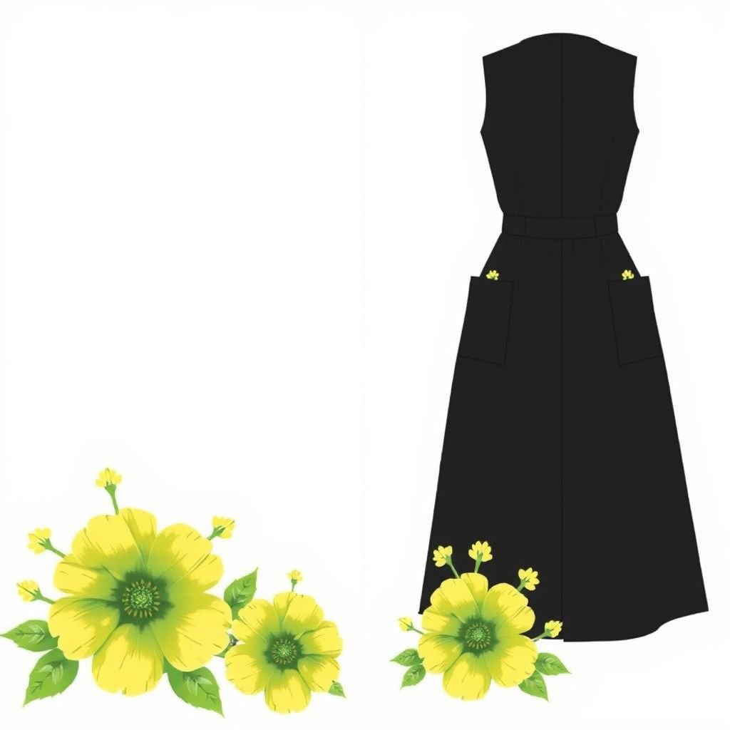 Sleeveless black dress just below the knees that is wide from the waist till the bottom with 2 big pockets on the sides. The bottom of the dress has very big flowers comes in green and yellow that are being shown as drawing by hands
Design a classic, elegant sleeveless black dress that elegantly falls just below the knees. The silhouette widens gracefully from the waist, adorned with two generous side pockets. Enhance its timeless allure with oversized, hand-drawn floral designs at the hem, featuring vibrant green and yellow blooms that evoke vintage sophistication and charm.