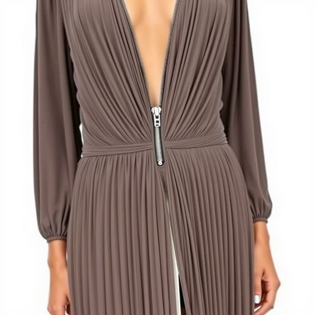 A mumu dress vertically gathered to center front with a detachable zipper in front. A v neckline stop right at the breast point line and a slit on the same front seam starting right above the knee
Envision a glamorous mumu dress exquisitely designed with vertically gathered fabric cascading to the center front, featuring a chic detachable zipper for versatility. The sultry V neckline accentuates femininity, stopping just at the breast point. A daring slit begins above the knee, adding alluring elegance, adorned with sparkling embellishments for a striking finish.