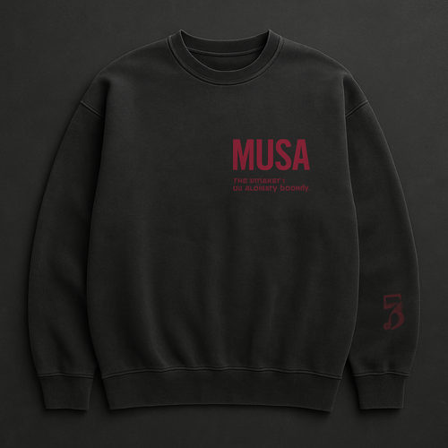 Design a slightly oversized crewneck sweatshirt for the brand MUSA (Minds Under Sophisticated Authority). Style should be minimalist, moody, and underground with streetwear and athletic vibes. Color palette: washed black, maroon, muted charcoal. Include a small chest logo ‘MUSA’ in bold geometric sans-serif font (like Bebas Neue, Gotham, or Archivo Black), all caps, tight letter spacing. Optional subtext: ‘Minds Under Sophisticated Authority’ in small clean font. Avoid stripes or busy graphics. Fabric look: garment-dyed cotton, soft vintage finish. Include subtle back print or sleeve embroidery with cryptic number or symbol.
