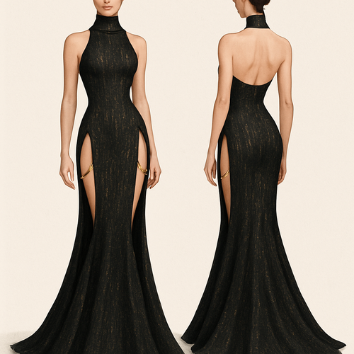the dress is going to be black with gold thread. A backless and strapless and sleeveless turtleneck, it’s fitted and at the hips there’s two long open pieces which show off a hip window with gold chains that show from both front and back, it also has a mermaid skirt at the bottom.