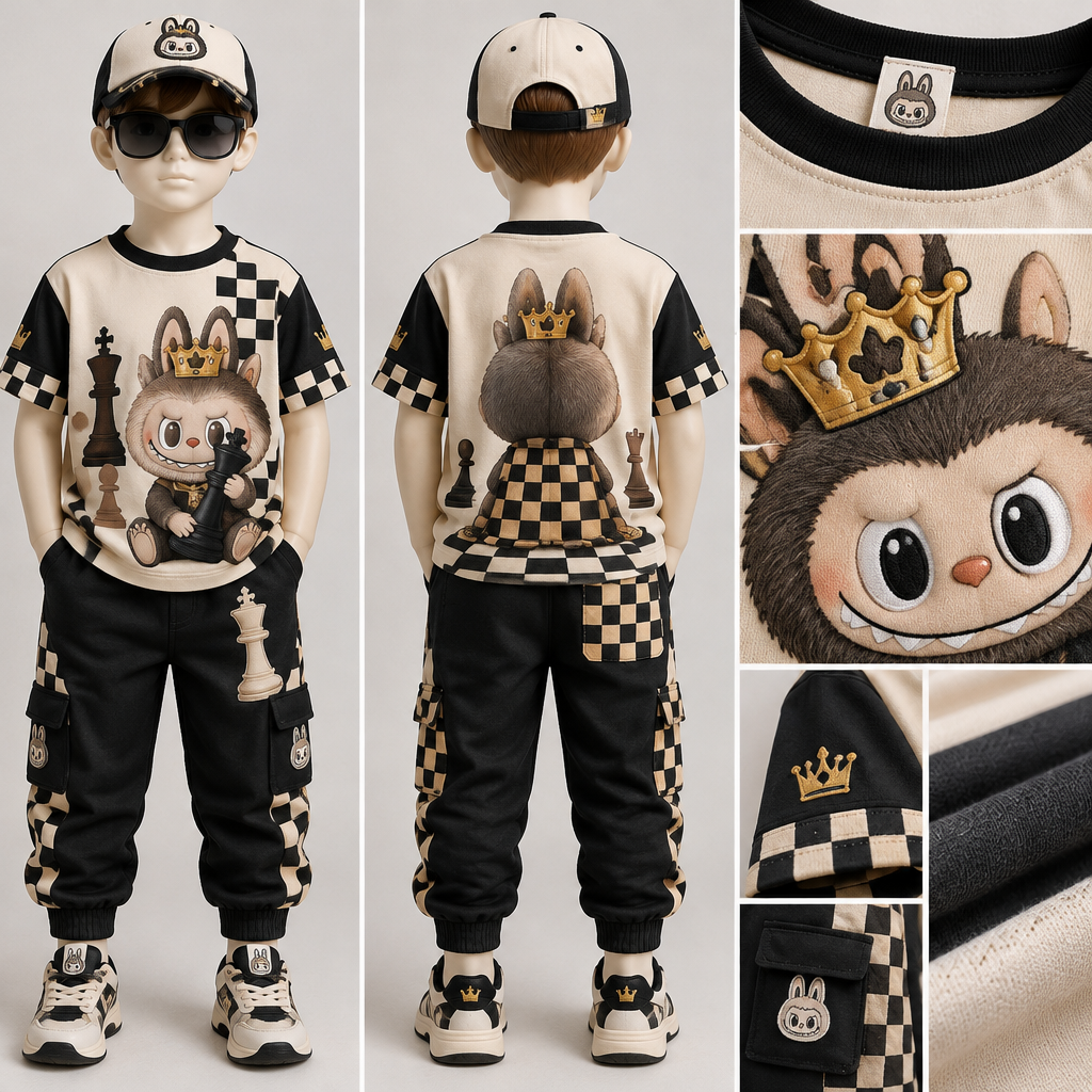 Can you create a super stylish, summer-ready outfit for a boy aged 2–8, modeled on a child mannequin, that chess lovers would absolutely love and that makes people say “WOW!”?
The outfit should consist of a T-shirt and long pants, preferably made from soft, breathable cotton jersey fabric (knitwear).
I want a unique, trendy, eye-catching design featuring Labubu character graphics combined with chess-inspired details. Include creative prints, chess pieces, checkerboard patterns, stylish color combinations, and distinctive little details that make the outfit look premium and original.
The final design should look fashionable, playful, luxurious, and truly special—something that stands out from ordinary children’s clothing. Please show the complete outfit on a boy mannequin, with close-up views of the fabric, prints, stitching, and other design details.
photorealistic fashion design, Can you create a super stylish, summer-ready outfit for a boy aged 2–8, modeled on a child mannequin, that chess lovers would absolutely love and that makes people say “WOW!”?
The outfit should consist of a T-shirt and long pants, preferably made from soft, breathable cotton jersey fabric (knitwear).
I want a unique, trendy, eye-catching design featuring Labubu character graphics combined with chess-inspired details. Include creative prints, chess pieces, checkerboard patterns, stylish color combinations, and distinctive little details that make the outfit look premium and original.
The final design should look fashionable, playful, luxurious, and truly special—something that stands out from ordinary children’s clothing. Please show the complete outfit on a boy mannequin, with close-up views of the fabric, prints, stitching, and other design details., kidcore style, just the design no text, show front and back