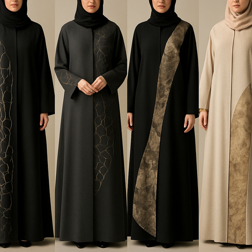 Create a modest abaya that's the first of its kind, featuring a unique stone design that exudes a classy and sophisticated vibe. I'd like four designs, each showcasing different styles and fabrics.
Incorporate high-end, unique chic stone designs to make them truly special.