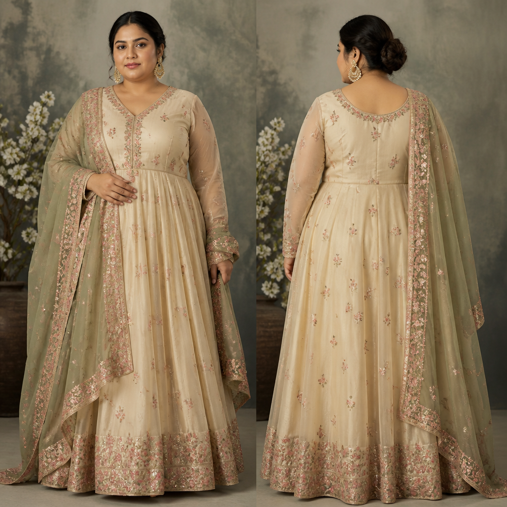 I want to design an Indian outfit Anarkali for a plus size women who has heavy bust and belly. I have a duppatta so that Anarkali should be designed around it.
photorealistic fashion design, I want to design an Indian outfit Anarkali for a plus size women who has heavy bust and belly. I have a duppatta so that Anarkali should be designed around it. , vintage style, just the design no text, show front and back