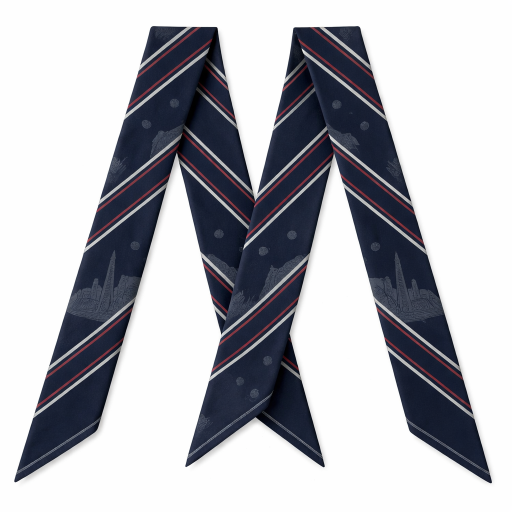 Design a silk twilly scarf, 5cm x 86cm, Kelly bag style wrap, inspired by J. Press preppy style. Base color deep navy blue. Diagonal thin white stripes, evenly spaced, with smaller thin red stripes alternating between the white stripes. Subtle, small abstract soccer balls in tonal light gray, evenly spaced along the scarf. Light, minimalist outlines of Kansas City skyline landmarks (Liberty Memorial tower, Kauffman Center arcs) in muted gray, repeated lightly along the scarf. Symmetrical, minimalist, elegant, classic preppy style, no logos or text, rolled hem edges. Clean, balanced, timeless design suitable for a handbag twilly wrap.
Design a silk twilly scarf, 5cm x 86cm, Kelly bag style wrap, inspired by J. Press preppy style. Base color deep navy blue. Diagonal thin white stripes, evenly spaced, with smaller thin red stripes alternating between the white stripes. Subtle, small abstract soccer balls in tonal light gray, evenly spaced along the scarf. Light, minimalist outlines of Kansas City skyline landmarks (Liberty Memorial tower, Kauffman Center arcs) in muted gray, repeated lightly along the scarf. Symmetrical, minimalist, elegant, classic preppy style, no logos or text, rolled hem edges. Clean, balanced, timeless design suitable for a handbag twilly wrap. , show front and back