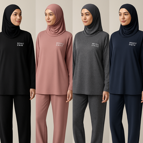 Create a revolutionary women’s modest loose gym wear brand called “Modest Fleur”. Display the brand name on the  in a unique design on the upper right side, in small thick writing that exudes a classy and sophisticated vibe. I’d like four designs, each showcasing different styles and fabrics, with high-end, chic designs to make them truly special.