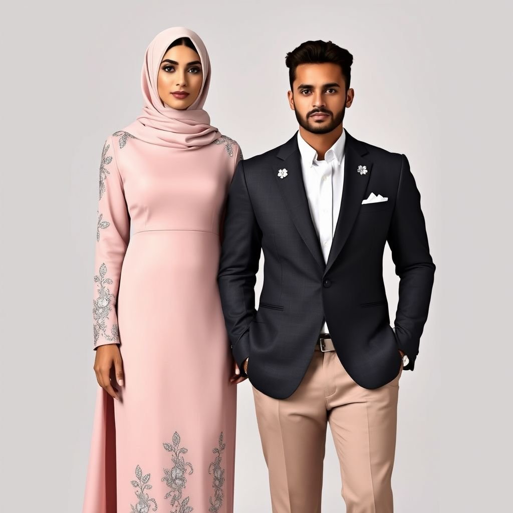 Couple outfits She: A blush-pink abaya, the silhouette streamlined. Adorned with delicate silver thread, the embroidery a modern floral motif. Placement: sleeves and hem, for understated elegance. He: A tailored cloth, the cut contemporary. Embellished with subtle silver embroidery, mirroring her design on the lapel.
Romantic and cohesive, the couple outfits embody modern elegance. She dons a blush-pink abaya, its streamlined silhouette accentuated by intricate silver-threaded floral designs, gracefully tracing the sleeves and hem. He complements her in a tailored charcoal blazer, featuring a contemporary cut, adorned with subtle silver embroidery on the lapel, reflecting her allure. Together, they radiate sophisticated harmony, perfect for a chic evening event.