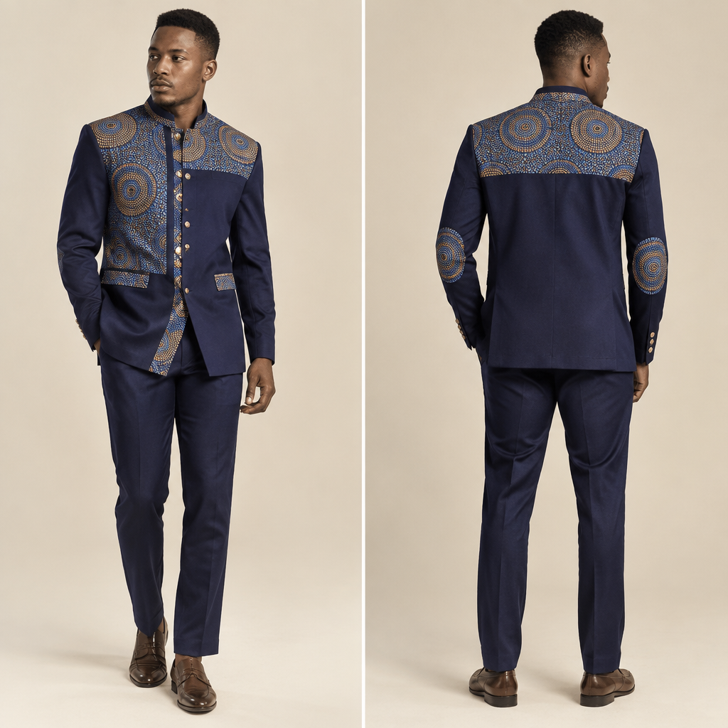A Male fashion design. Consider South African fashion — diverse multicultural styles, Shweshwe prints, modern Afro-chic. Current season is Spring in South Africa. Present it as professional fashion catalogue photography: the garment is the subject, shown full-length with editorial styling, neutral posing and tasteful, non-suggestive framing.
photorealistic fashion design, A Male fashion design. Consider South African fashion — diverse multicultural styles, Shweshwe prints, modern Afro-chic. Current season is Spring in South Africa. Present it as professional fashion catalogue photography: the garment is the subject, shown full-length with editorial styling, neutral posing and tasteful, non-suggestive framing., just the design no text