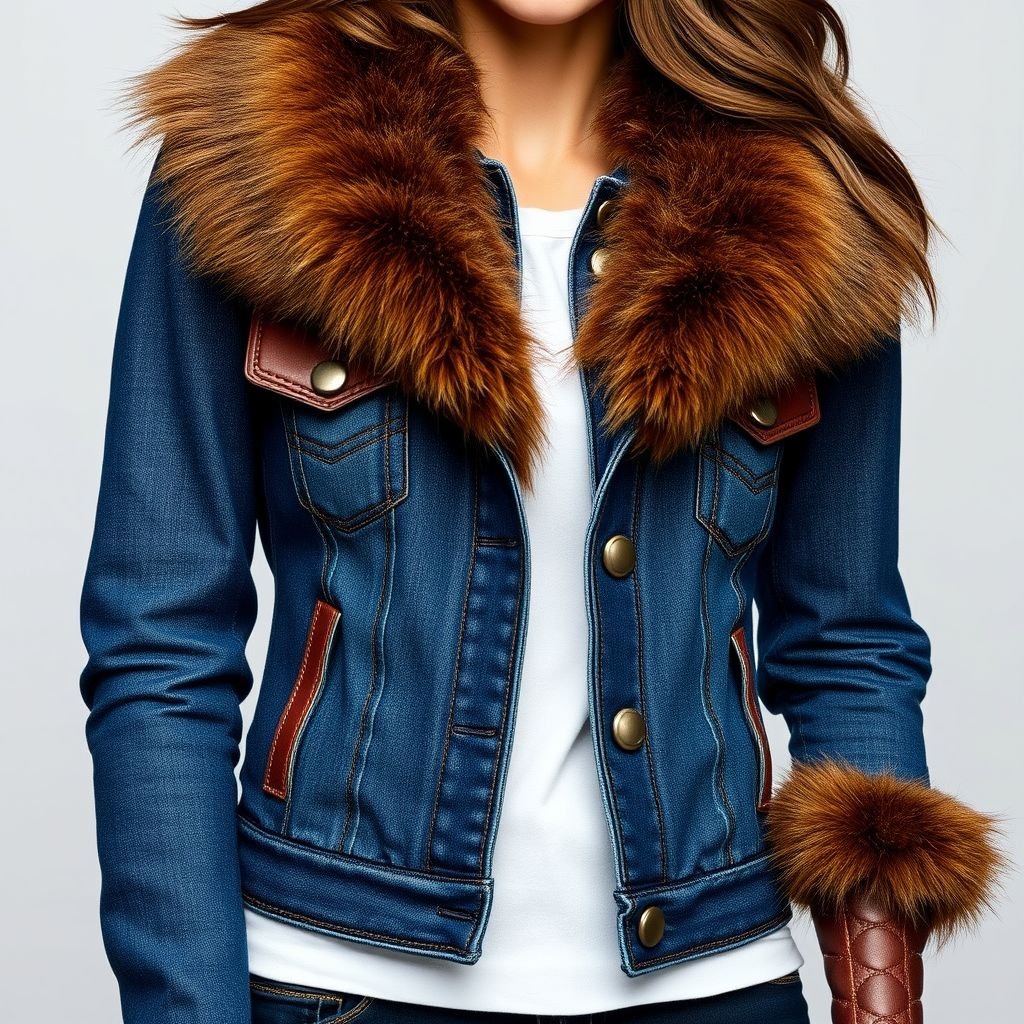 A black leather colar jacket with big brown fur lapels and brown pockets but is small and has brown pockets plus brown fur on its sleeves
Envision a chic, fitted denim jacket crafted from deep indigo denim, featuring oversized brown fur lapels that add warmth and texture. Complemented by rich brown leather pockets, the jacket’s design incorporates playful fur trim along the sleeves, blending rugged charm with urban sophistication. Perfect for a bold, fashion-forward statement.