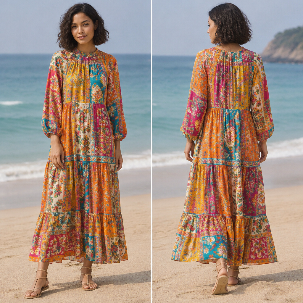 A Unisex Dress design, with a soft, cosy hand, with modest, full coverage: longer hemlines, higher necklines and covered shoulders, in a Bold & Bright color palette, for Beach, suitable for Summer, in Bohemian style, shown on a model with medium skin tone and a petite figure Present it as professional fashion catalogue photography: the garment is the subject, shown full-length with editorial styling, neutral posing and tasteful, non-suggestive framing.
photorealistic fashion design, A Unisex Dress design, with a soft, cosy hand, with modest, full coverage: longer hemlines, higher necklines and covered shoulders, in a Bold & Bright color palette, for Beach, suitable for Summer, in Bohemian style, shown on a model with medium skin tone and a petite figure Present it as professional fashion catalogue photography: the garment is the subject, shown full-length with editorial styling, neutral posing and tasteful, non-suggestive framing., bohemian style, just the design no text, show front and back