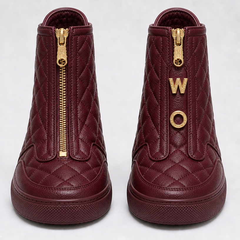 Make the same sneaker in quilted leather in burgundy with the two letters W and O in front of on the right hand side
edit the attached fashion design with these instructions: Make the same sneaker in quilted leather in burgundy with the two letters W and O in front of on the right hand side. keep it photorealistic, just the design no text