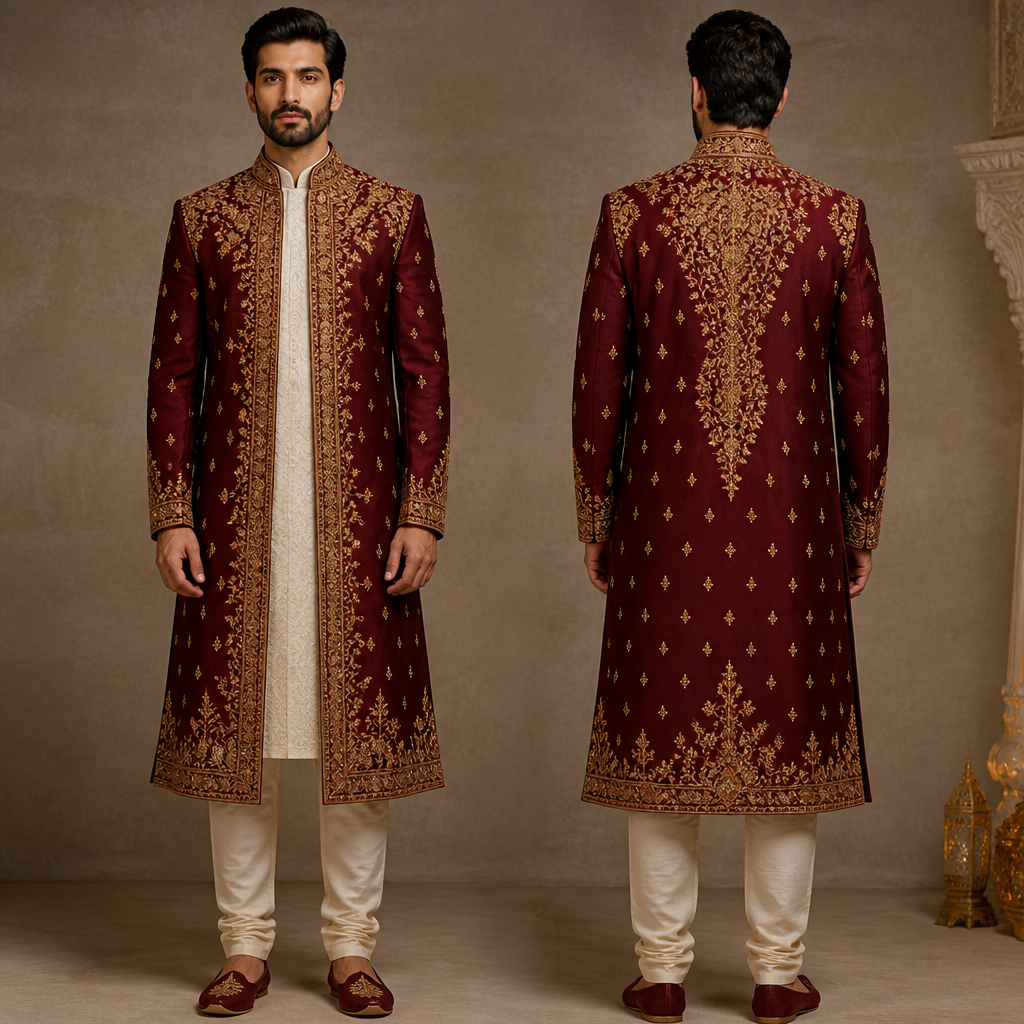 Same pattern for men . The inside dress in white colour and the outside in merown and remove end in hand white colour make it full in colour and also the stone in golden colour and make little bit Indian Muslim wedding type
photorealistic fashion design, Same pattern for men . The inside dress in white colour and the outside in merown and remove end in hand white colour make it full in colour and also the stone in golden colour and make little bit Indian Muslim wedding type, royalcore style, just the design no text, show front and back