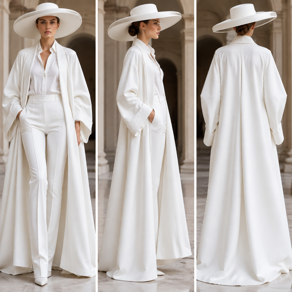 A Female Dress design, suitable for Fall. abito da sera,bianco,pantaloni aderenti bianchi,con camicetta bianca,una vestaglia bella lunga e larga bianca,con chiusura a quaderno,e cappellino bianco simile a un sombrero. bianco. Italy fashion aesthetics. Present it as professional fashion catalogue photography: the garment is the subject, shown full-length with editorial styling, neutral posing and tasteful, non-suggestive framing.
photorealistic fashion design, A Female Dress design, suitable for Fall. abito da sera,bianco,pantaloni aderenti bianchi,con camicetta bianca,una vestaglia bella lunga e larga bianca,con chiusura a quaderno,e cappellino bianco simile a un sombrero. bianco. Italy fashion aesthetics. Present it as professional fashion catalogue photography: the garment is the subject, shown full-length with editorial styling, neutral posing and tasteful, non-suggestive framing., just the design no text