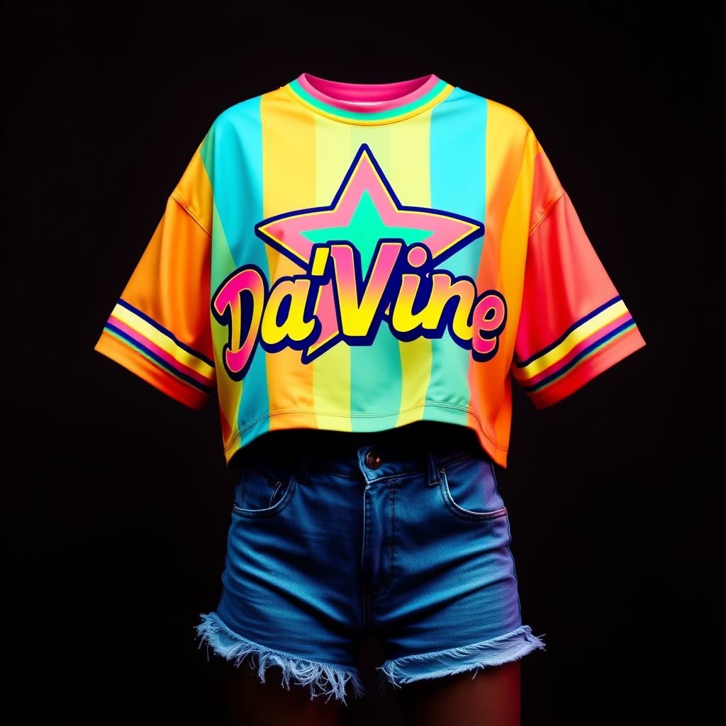 A oversized cropped Jersey with a star on it, that says “Da’Vine”
Design an oversized cropped jersey inspired by the bold colors and playful patterns of 80s retro fashion. The jersey features a vibrant star graphic in neon shades emblazoned with the word “Da’Vine” in chunky, vintage lettering. Pair it with high-waisted denim shorts and colorful scrunch socks for a nostalgic look.