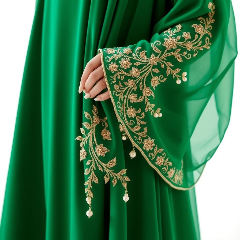 Envision an abaya of the richest emerald green, crafted from a flowing, luxurious fabric. The embroidery is a captivating display of artistry, featuring bold, eye-catching patterns. Swirling, golden threads intertwine with shimmering silver, creating a mesmerizing design that draws the eye. The embroidery is strategically placed along the sleeves and hem, adding a touch of glamour.
Imagine a lavish emerald green abaya draping elegantly to the floor, crafted from silk chiffon for a lightweight feel. Intricate golden and silver embroidery cascades like a flowing river along the sleeves and hem, creating a stunning contrast. Delicate pearl embellishments catch the light, adding opulence and enhancing the wearer’s grace.