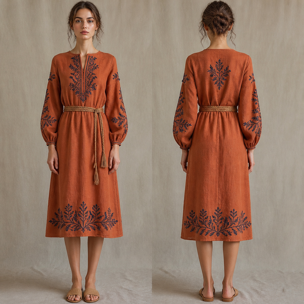 A Female fashion design, made of Linen, suitable for Summer, in Bohemian + Elegant + Minimalist style. льняное терракотовое платье с вышивкой в русском народном стиле(вышивка тёмно-синяя). носится с плетёным поясом. длина чуть ниже колена. минимализм с толикой узоров. Russia fashion aesthetics.
photorealistic fashion design, A Female fashion design, made of Linen, suitable for Summer, in Bohemian + Elegant + Minimalist style. льняное терракотовое платье с вышивкой в русском народном стиле(вышивка тёмно-синяя). носится с плетёным поясом. длина чуть ниже колена. минимализм с толикой узоров. Russia fashion aesthetics., bohemian style, just the design no text, show front and back