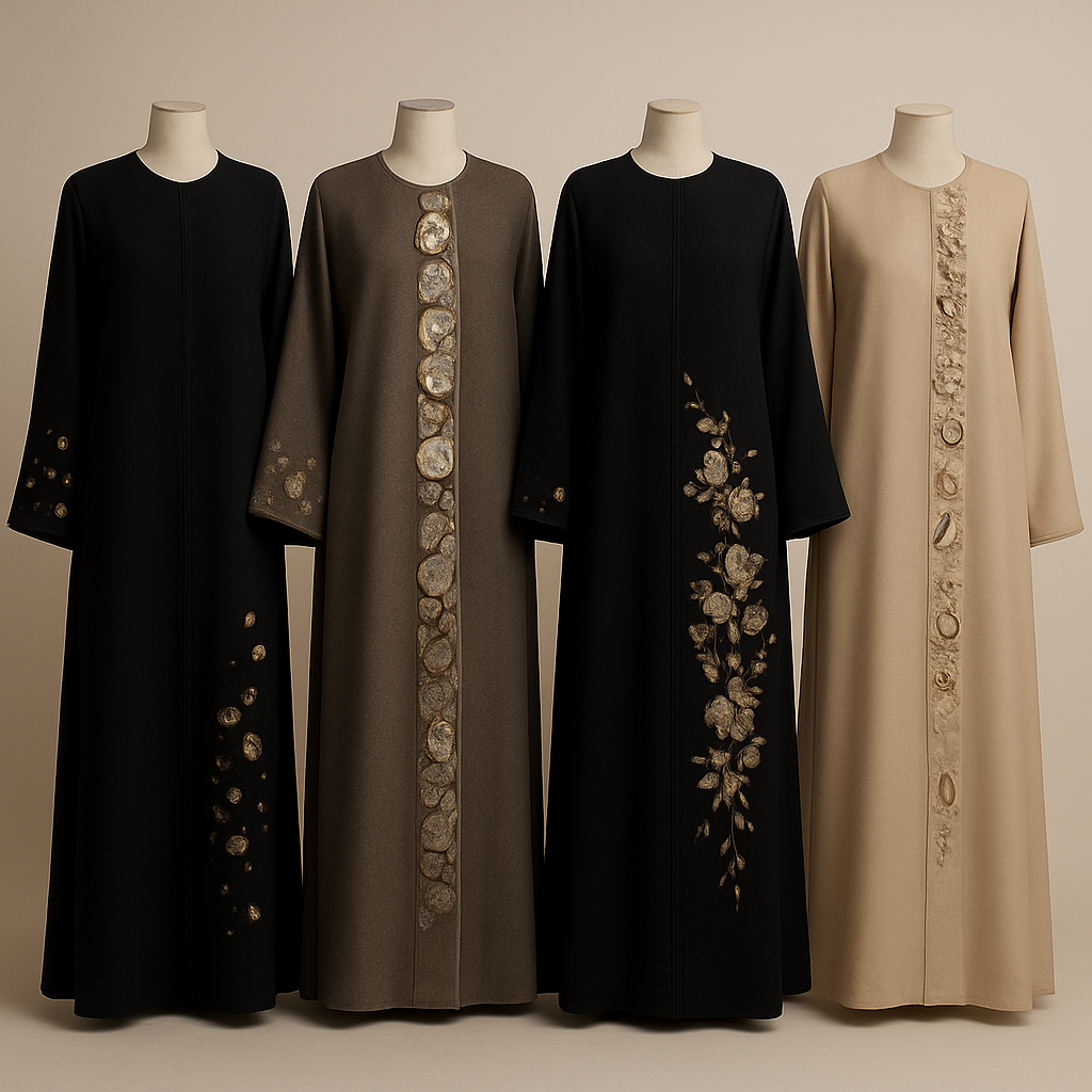 Create a modest chic abaya, the first of its kind, featuring a unique stone design that exudes a classy and sophisticated vibe. I'd like four designs, each showcasing different styles and fabrics. Incorporate high-end, unique chic stone designs to make them truly special. Add little sophisticated stone designsa and some touch of elite flower design.

Create a modest chic abaya, the first of its kind, featuring a unique stone design that exudes a classy and sophisticated vibe. I'd like four designs, each showcasing different styles and fabrics. Incorporate high-end, unique chic stone designs to make them truly special. Add little sophisticated stone designsa and some touch of elite flower design.
