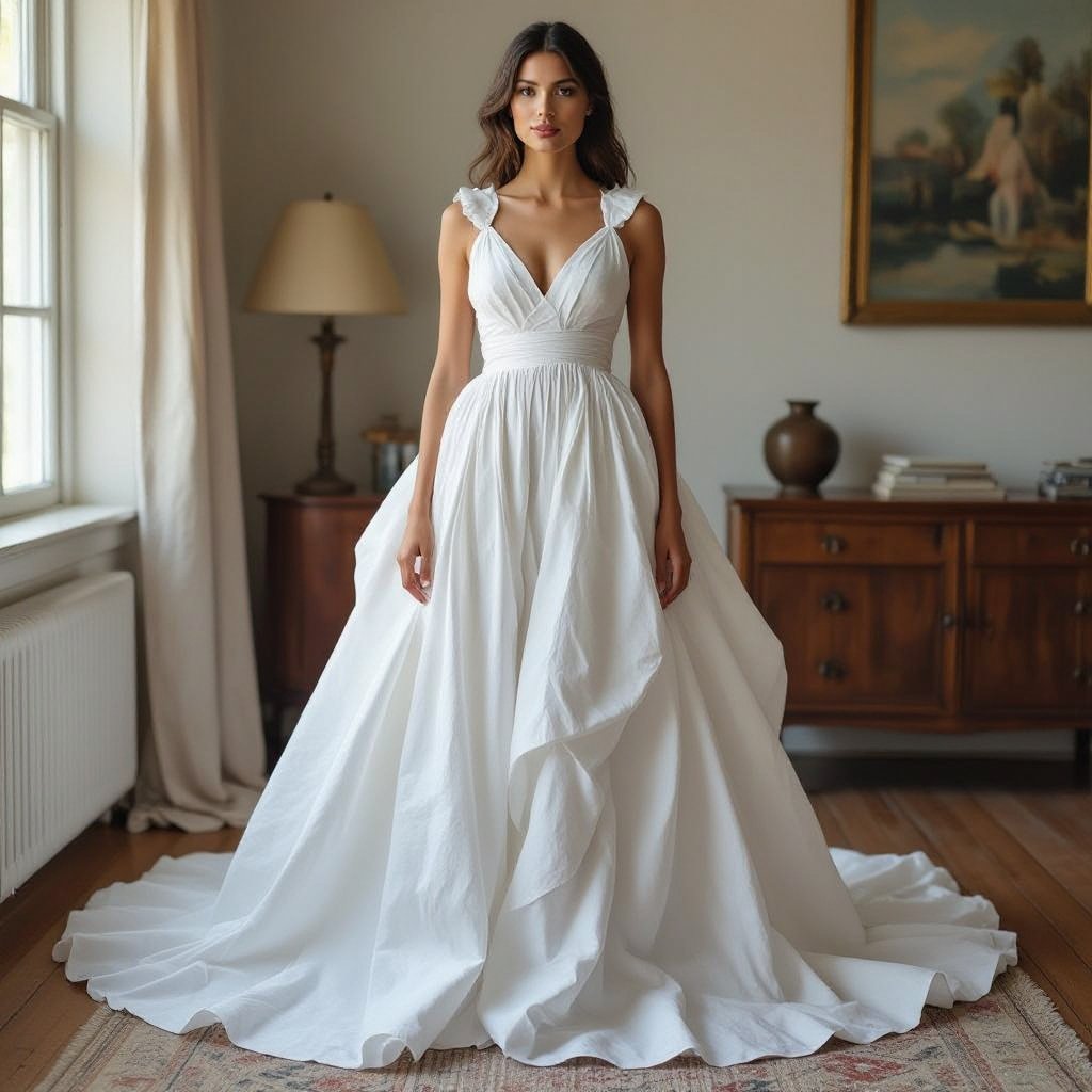 Highlight the beauty of simplicity in a gown made out of bedsheets
Artsy fashion: Artsy challenge: A gown of cotton bedsheets, simple, flowing, unconventional.