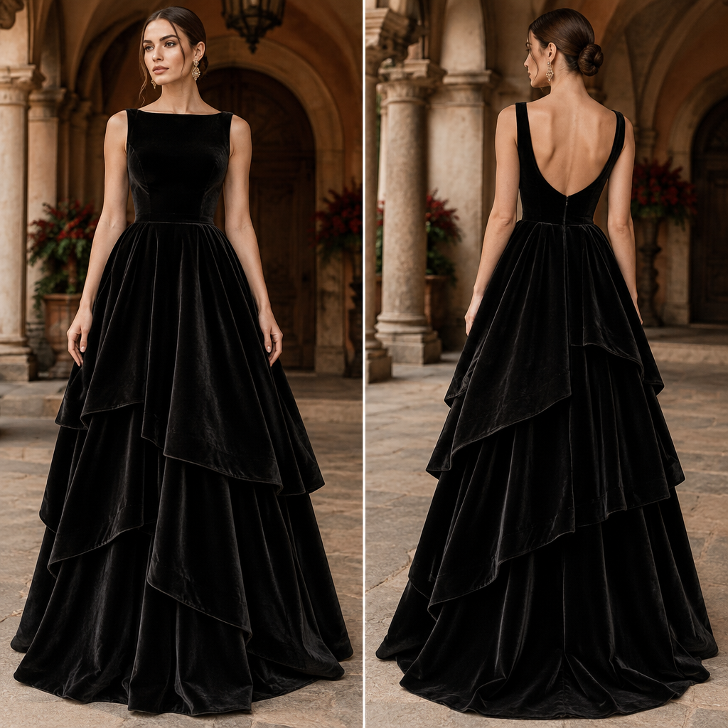 photorealistic fashion design, A Dress design, made of Velvet, with a crisp, structured drape, with an A-Line silhouette, styled in layers, in a Jewel Tones color palette, for Formal, suitable for Fall, in Glamorous style, shown on a model with fair skin and a slim figure. Mexico fashion aesthetics. Present it as professional fashion catalogue photography: the garment is the subject, shown full-length with editorial styling, neutral posing and tasteful, non-suggestive framing., glamorous style, just the design no text, show front and back. Refinement: cambiar a negro
photorealistic fashion design, photorealistic fashion design, A Dress design, made of Velvet, with a crisp, structured drape, with an A-Line silhouette, styled in layers, in a Jewel Tones color palette, for Formal, suitable for Fall, in Glamorous style, shown on a model with fair skin and a slim figure. Mexico fashion aesthetics. Present it as professional fashion catalogue photography: the garment is the subject, shown full-length with editorial styling, neutral posing and tasteful, non-suggestive framing., glamorous style, just the design no text, show front and back. Refinement: cambiar a negro , just the design no text