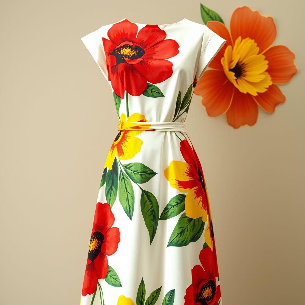 Semi long White dress with big floral and colorful prints
Design a semi-long vintage white dress, evoking the glamour of the 1960s. Adorn it with oversized, vibrant floral prints in hues of deep red, bright yellow, and lush green. Incorporate a fitted bodice with a flared skirt and delicate cap sleeves, finished with a cinched waist and soft, flowing fabric.