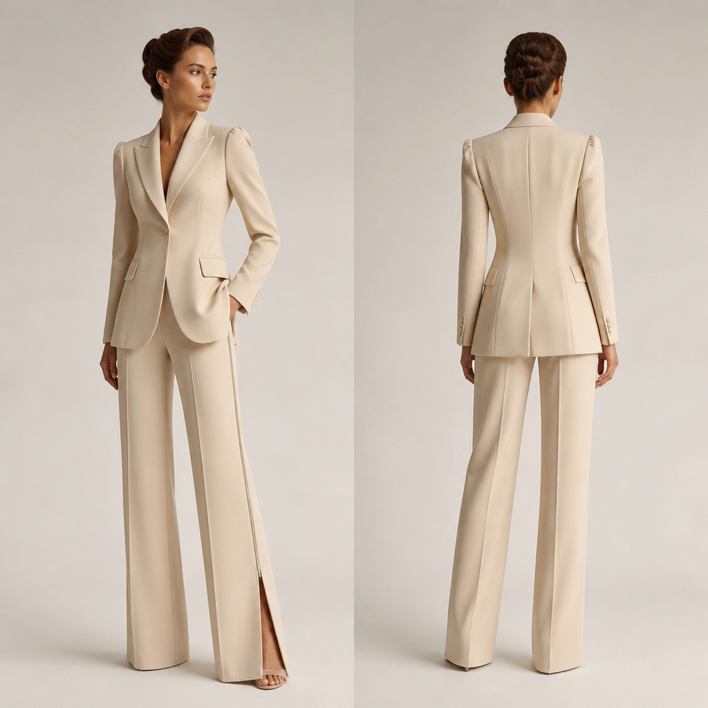 Formal pants suit with a side zip for the pants and a formal classy elegant jacket
photorealistic fashion design, Formal pants suit with a side zip for the pants and a formal classy elegant jacket, retro style, just the design no text, show front and back