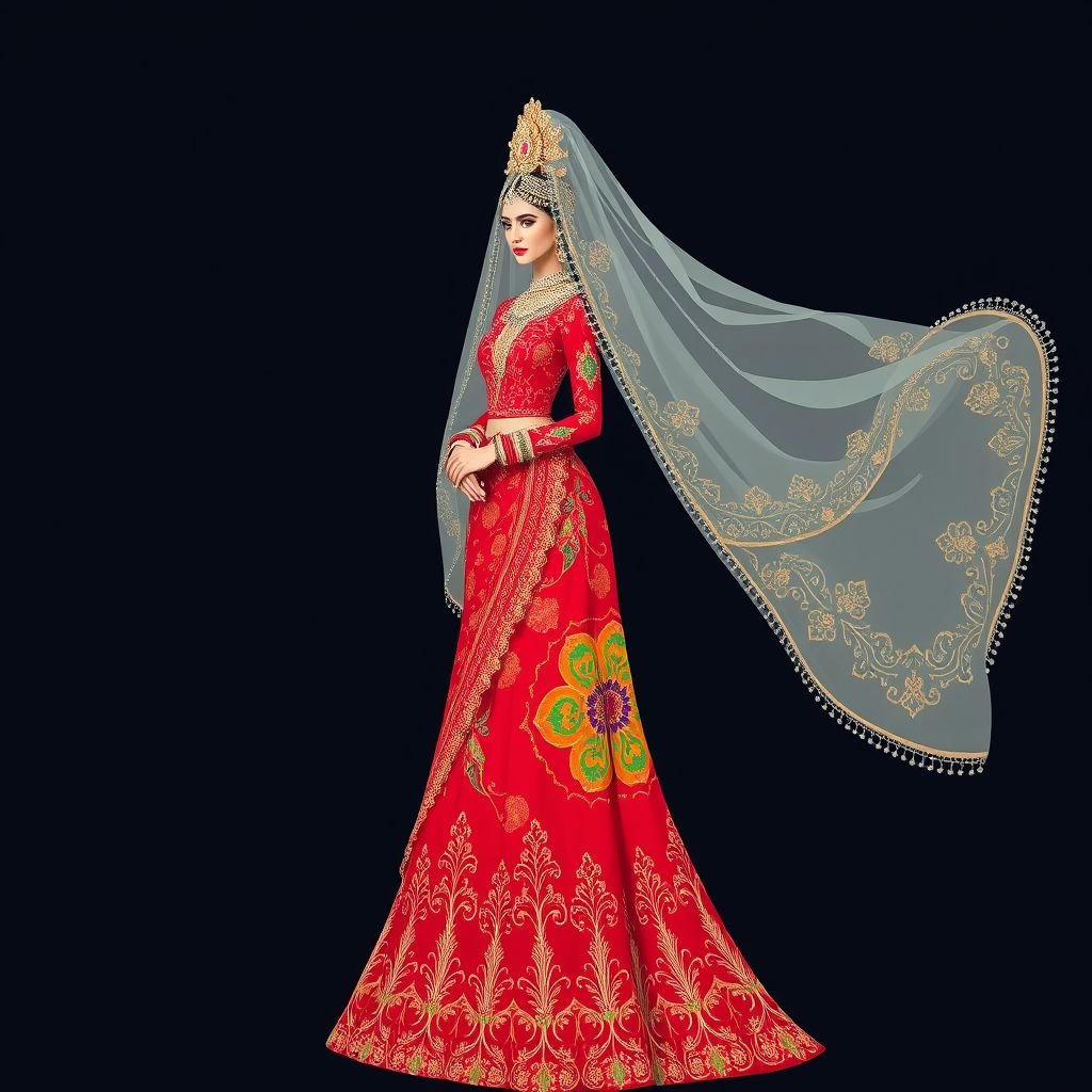 Bride and one of her bridesmaids
Design a stunning cultural wedding ensemble featuring a bride adorned in a richly embroidered traditional gown inspired by her heritage, coupled with a flowing veil adorned with intricate beadwork. The bridesmaid complements her in a vibrant hued dress, echoing motifs from their culture, showcasing bold patterns and elegant accessories that celebrate their shared traditions.