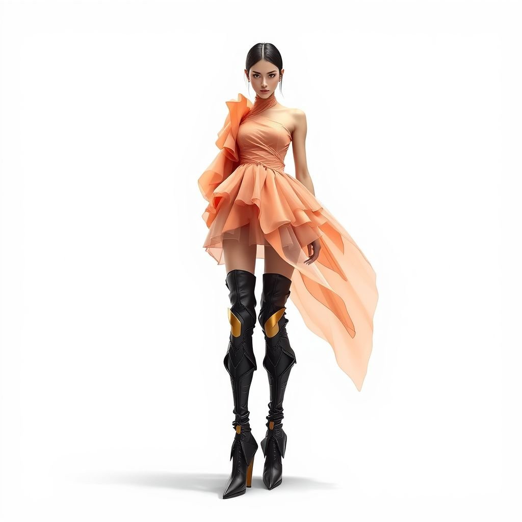 Peach Wet look sheer, with a short skirt, asymmetrical top, knee high boots and a flare
Design an avant-garde ensemble featuring a peach wet-look sheer fabric that drapes artistically. The top is asymmetrical with exaggerated, sculptural elements, while the short skirt is layered, creating an ethereal silhouette. Pair it with futuristic knee-high boots that feature innovative textures, and a dramatic flare, invoking an avant-garde, fashion-forward aesthetic.