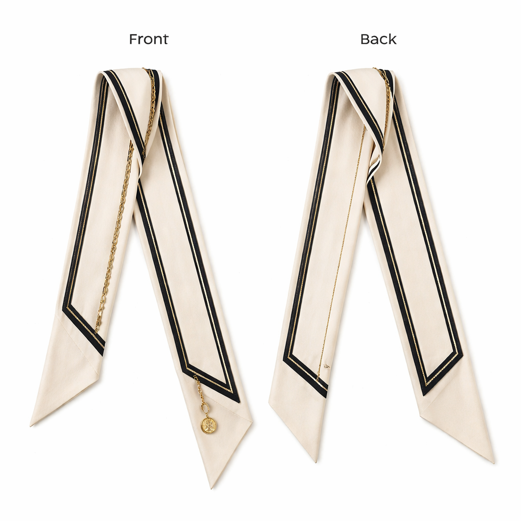 Design a scarf that is 5x86cm to be wrapped around the handle of a handbag for a lifestyle piece. Keep clean and simple. Something Audrey Hepburn would wear
Design a scarf that is 5x86cm to be wrapped around the handle of a handbag for a lifestyle piece. Keep clean and simple. Something Audrey Hepburn would wear, classic style, show front and back