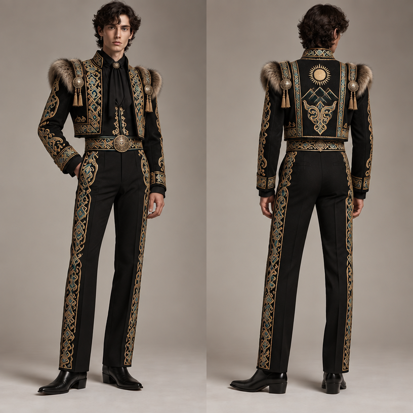 How about inspired from Kazakhstan
edit the attached fashion design with these instructions: How about inspired from Kazakhstan. keep it photorealistic, just the design no text