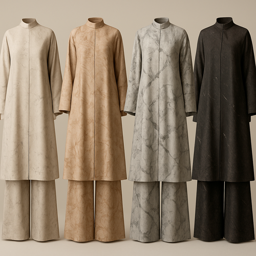 Create a modest abaya and loose pant, first of its kind, featuring a unique stone design that exudes a classy and sophisticated vibe. I'd like four designs, each showcasing different styles and fabrics. Incorporate high-end, unique chic stone designs to make them truly special. Add little sophisticated stone designs. Make it irresistible!