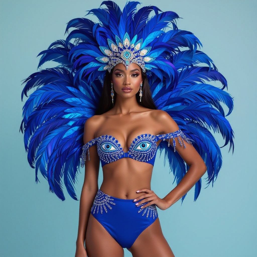 Hi can you create a Trinidad bathing suite carnival outfit , the theme is evyl eye and we using blue . Any color of blue you want to create with . Use also feathers .
Design a Trinidad carnival-inspired swimsuit and matching feather headpiece. The blue polyester swimsuit should feature a sweetheart neckline, high-cut leg, and moderate back coverage. Embellish with an embroidered evil eye motif and iridescent blue feathers.